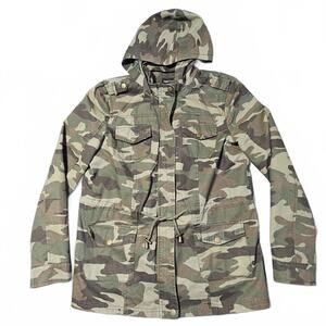 New Look Women M Camo Y2K Style Long Sleeve Mid-Length Jacket Hooded Cinch Waist